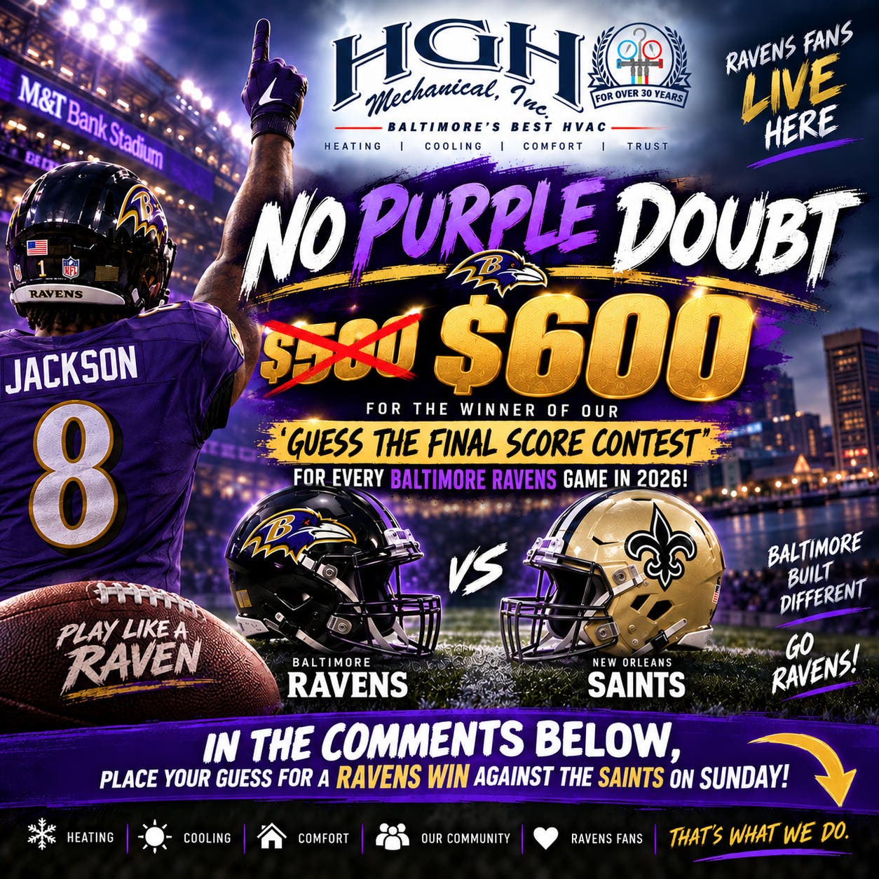 HGH Mechanical Bumps Ravens “Guess the Final Score” Prize to $600 Cash