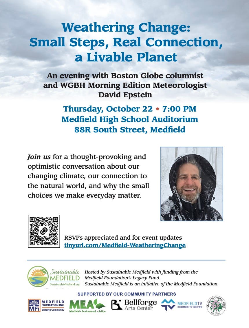 Sustainable Medfield will host "Weathering Change": An Evening with Meteorologist David Epstein
