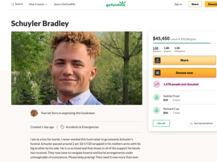 A screenshot of the GoFundMe page set up for Schuyler Bradley