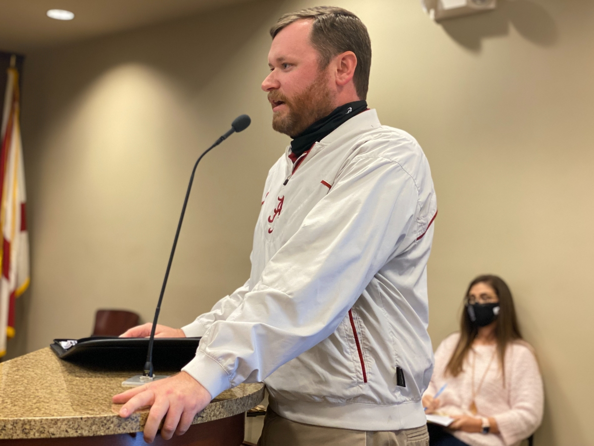 City of Northport Development Coordinator Max Snyder addresses the City Council during a special called meeting on Friday