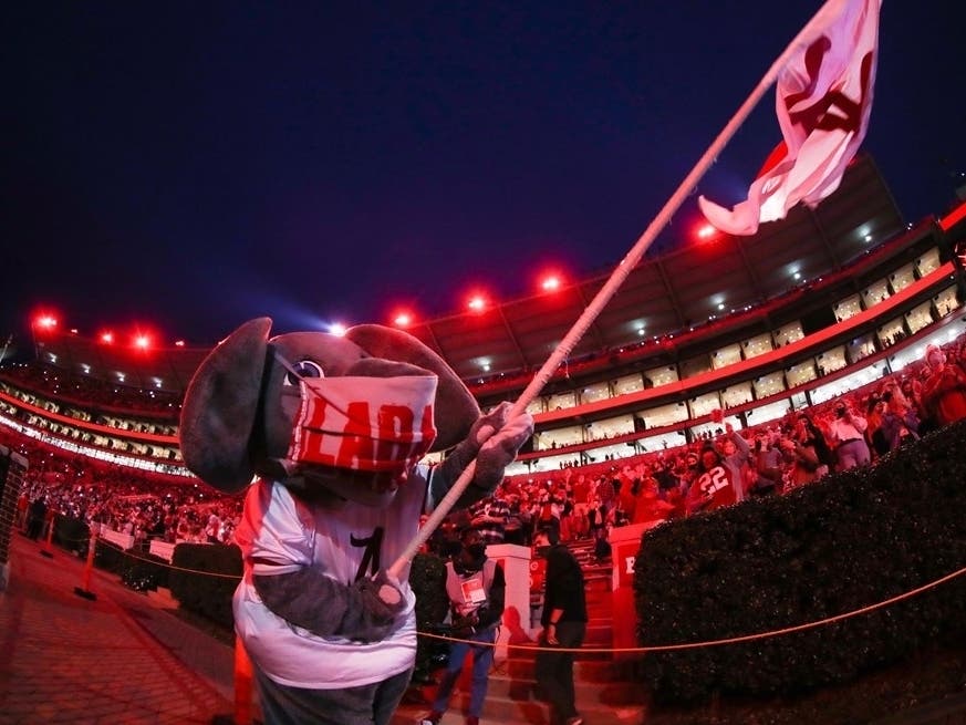 Big Al waves a flag during Saturday's Iron Bowl in Bryant-Denny Stadium. 