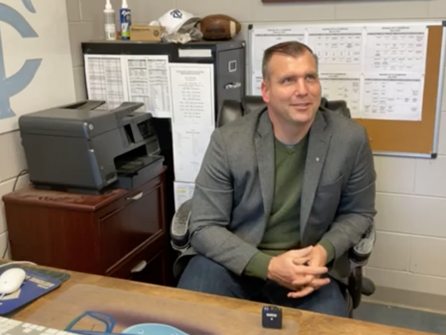 Tuscaloosa County High School football coach Adam Winegarden speaks via Facebook Live from the TCHS field house Thursday. 