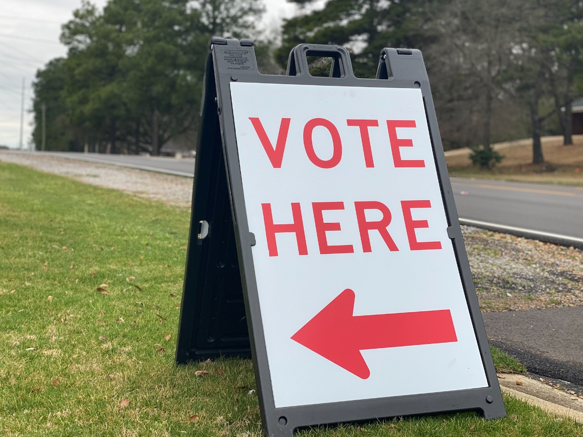A sign marking the voting precinct at Church of the Highlands on Tuesday for Tuscaloosa's municipal election. 