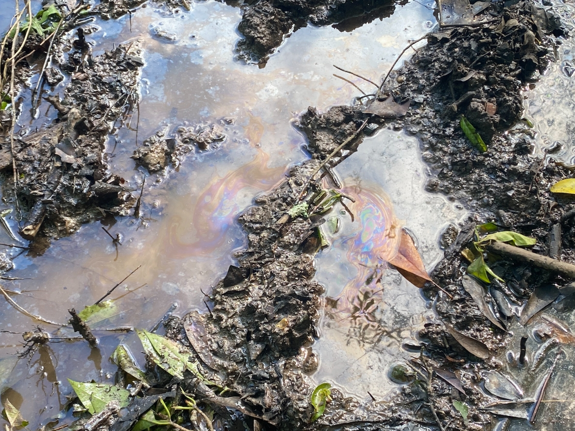 Oil slicks were visible in puddles of standing water at the spill site on Sunday.
