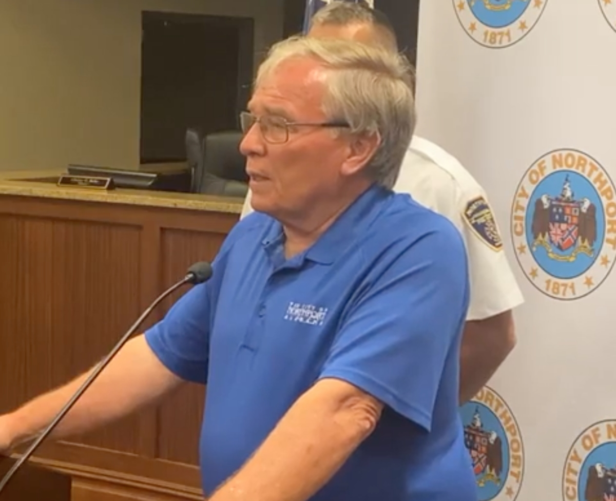 Northport Mayor Bobby Herndon fields questions at Northport City Hall on Tuesday.