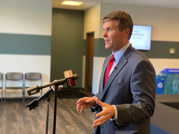 Mayor Walt Maddox speaks to media in May at the Tuscaloosa Amphitheater. 