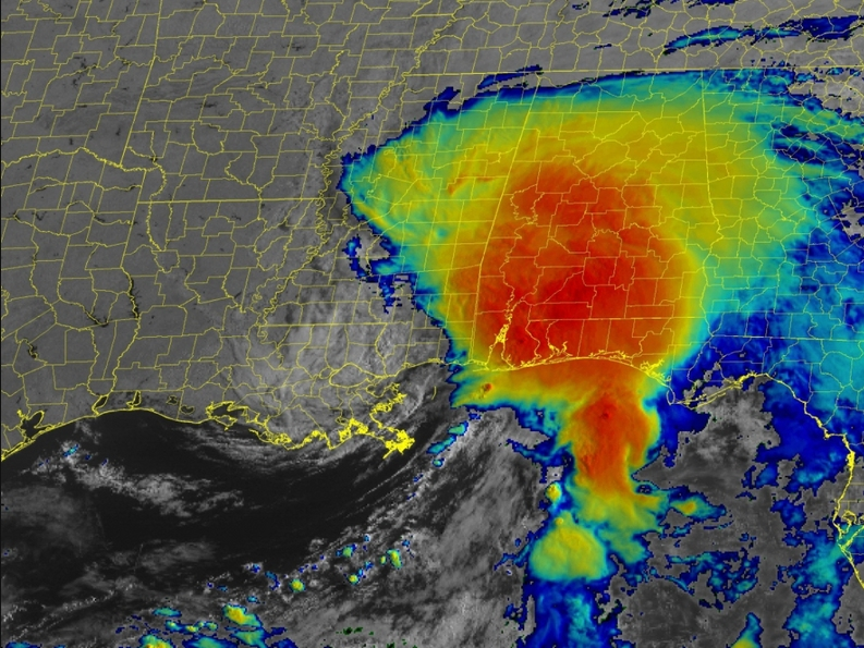A satellite image of Tropical Storm Claudette Saturday morning. 