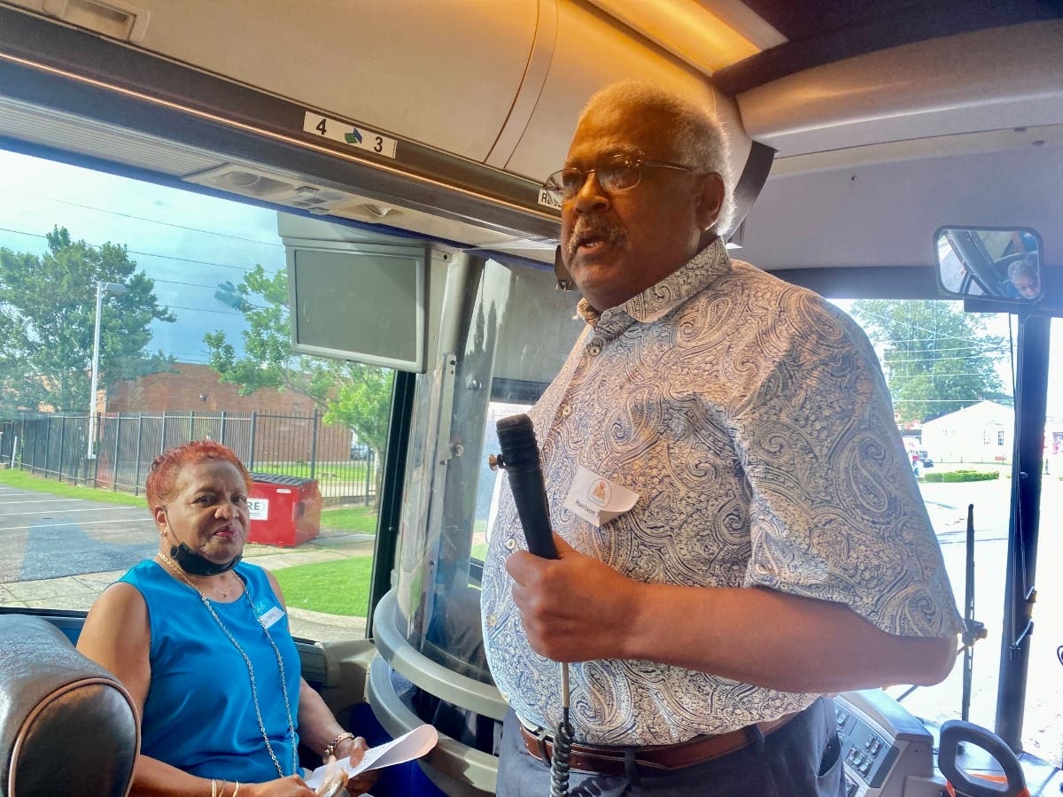 Tuscaloosa Civil Rights foot soldier and former City Council President Harrison Taylor was one of the speakers on a tour held Monday and was joined by fellow Civil Rights icon Willie Wells (seated) 