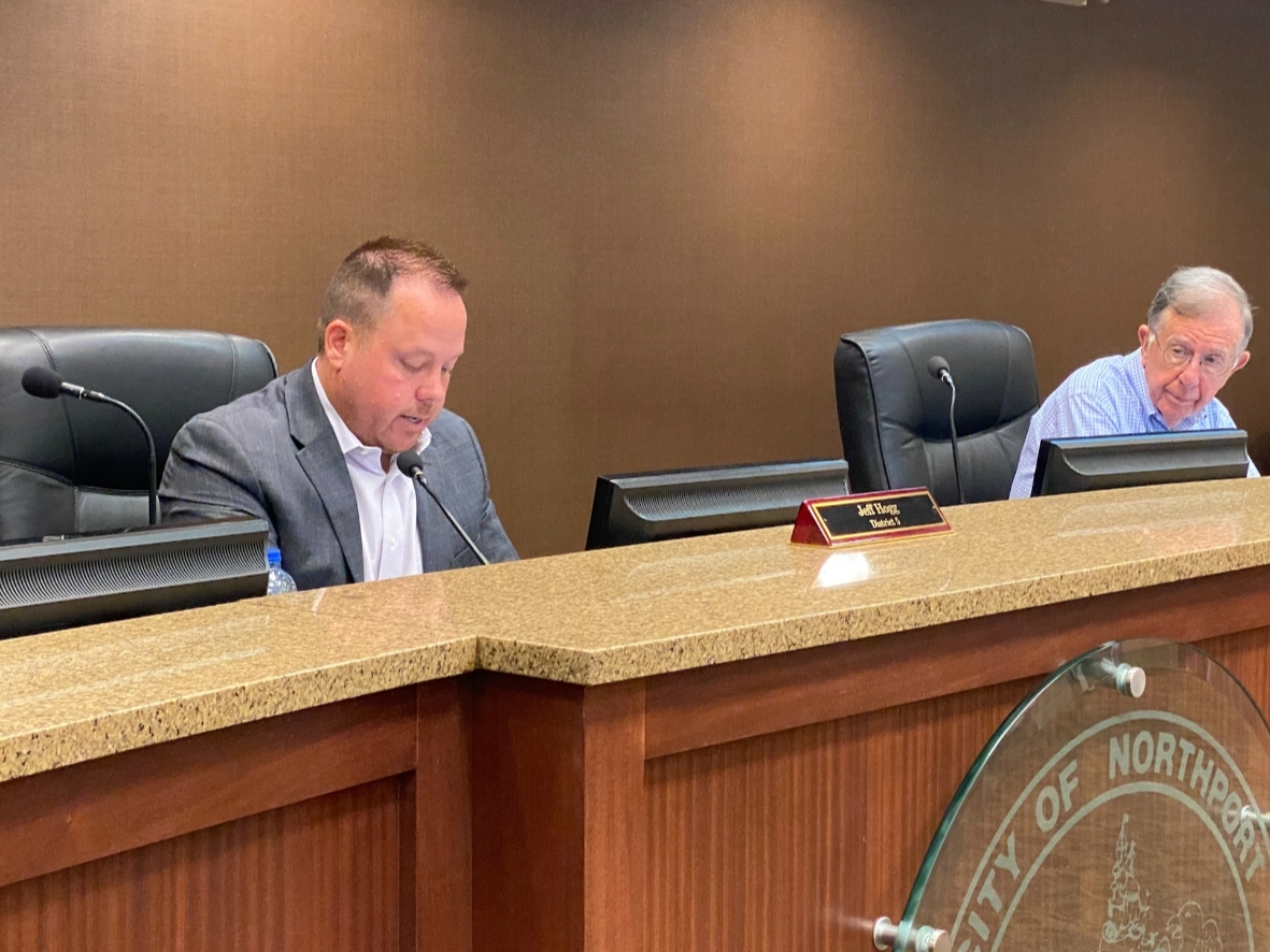 Northport Council President Jeff Hogg, left, speaks during Monday night's meeting while Council Pro Tem John Hinton looks on. 