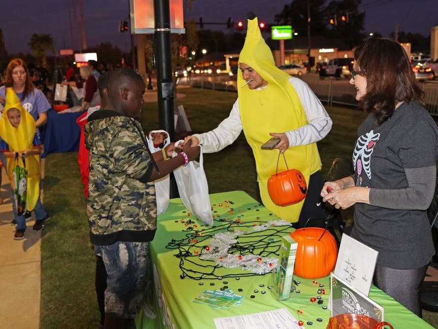 Tech or Treat, people, outside, table, halloween