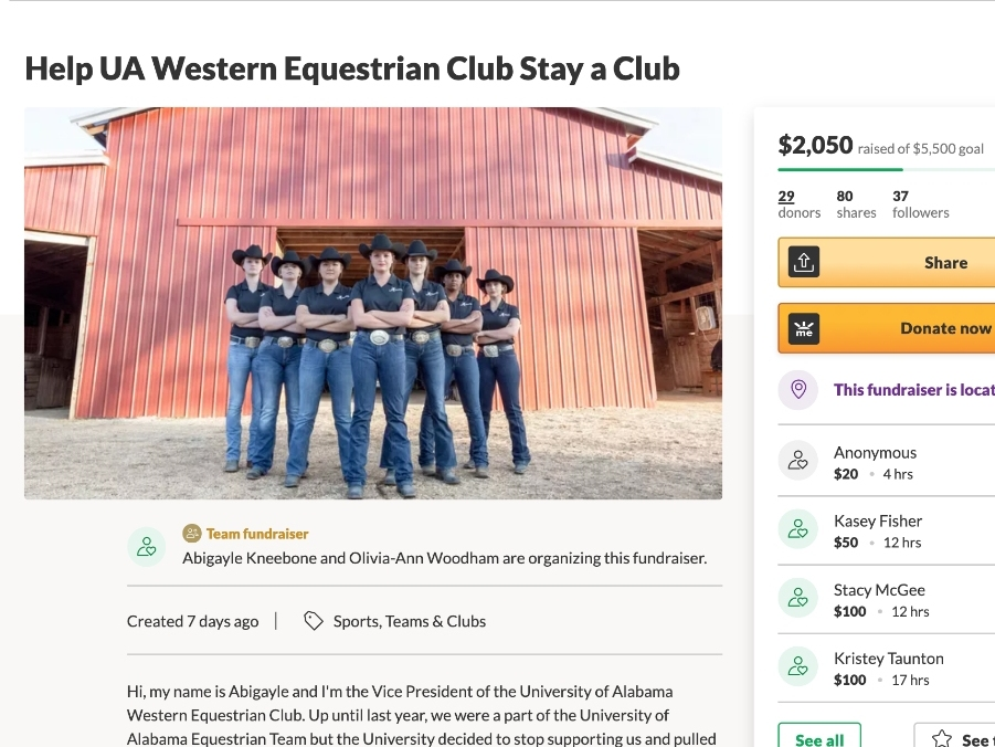 The homepage for the UA Equestrian Club's GoFundMe drive. 