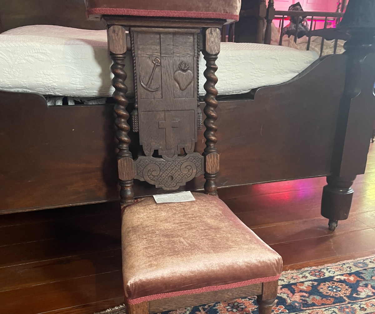 A supposedly haunted prayer kneeling bench once used by Amelia Gorgas that is said to show different degrees of indentions throughout the day