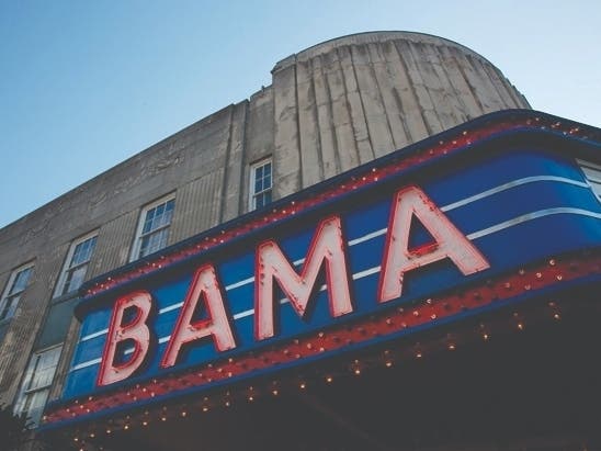 The iconic marquee for the Bama Theatre in downtown Tuscaloosa. 