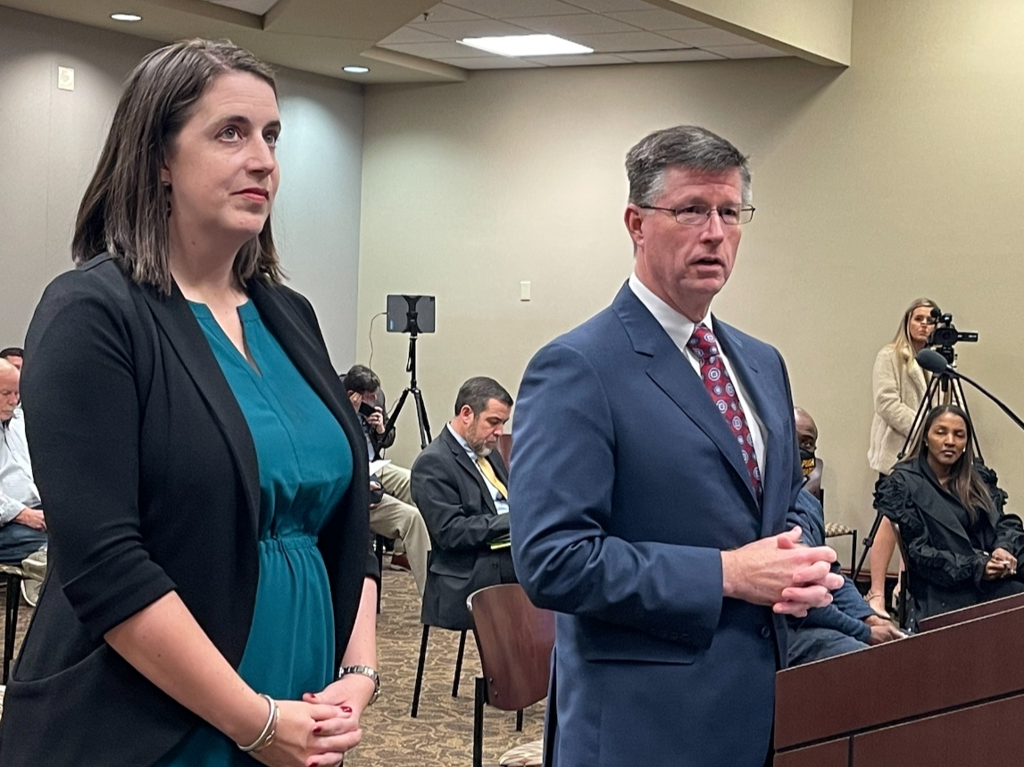 NRDA board member Jaime Conger (left) and Board Chair Steve Steele speak during Monday night's meeting. 