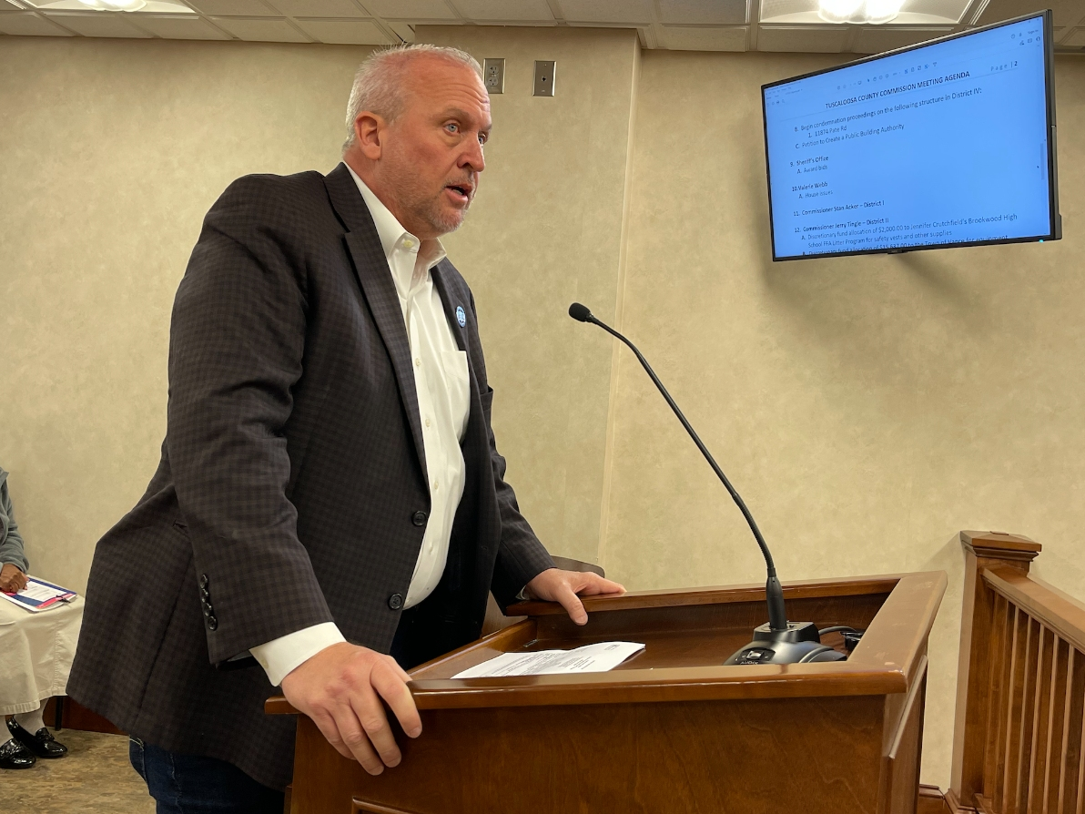 Tuscaloosa County Sheriff Ron Abernathy addresses the County Commission during its meeting Wednesday morning. 