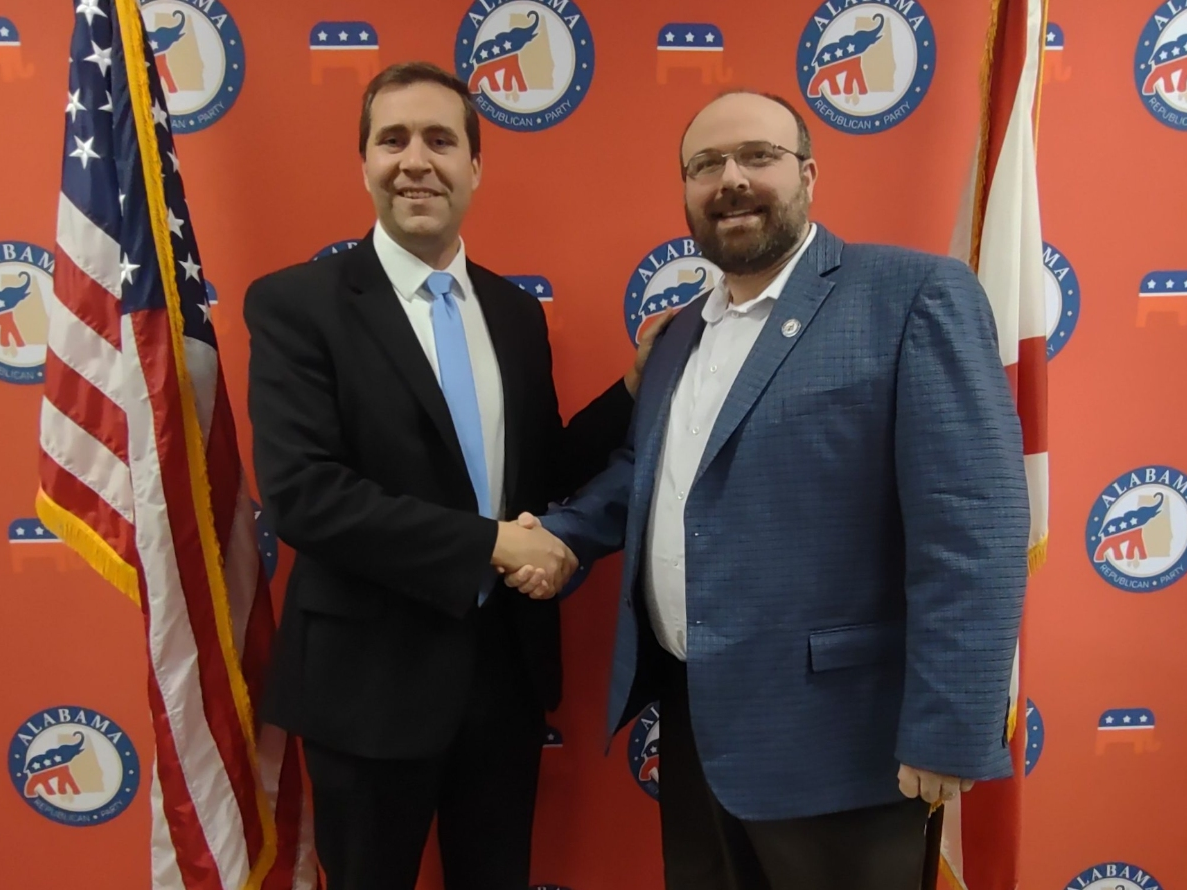 Republican House District 10 candidate Anson Knowles (right) shakes hands with Alabama Republican Party Chair John Wahl. 
