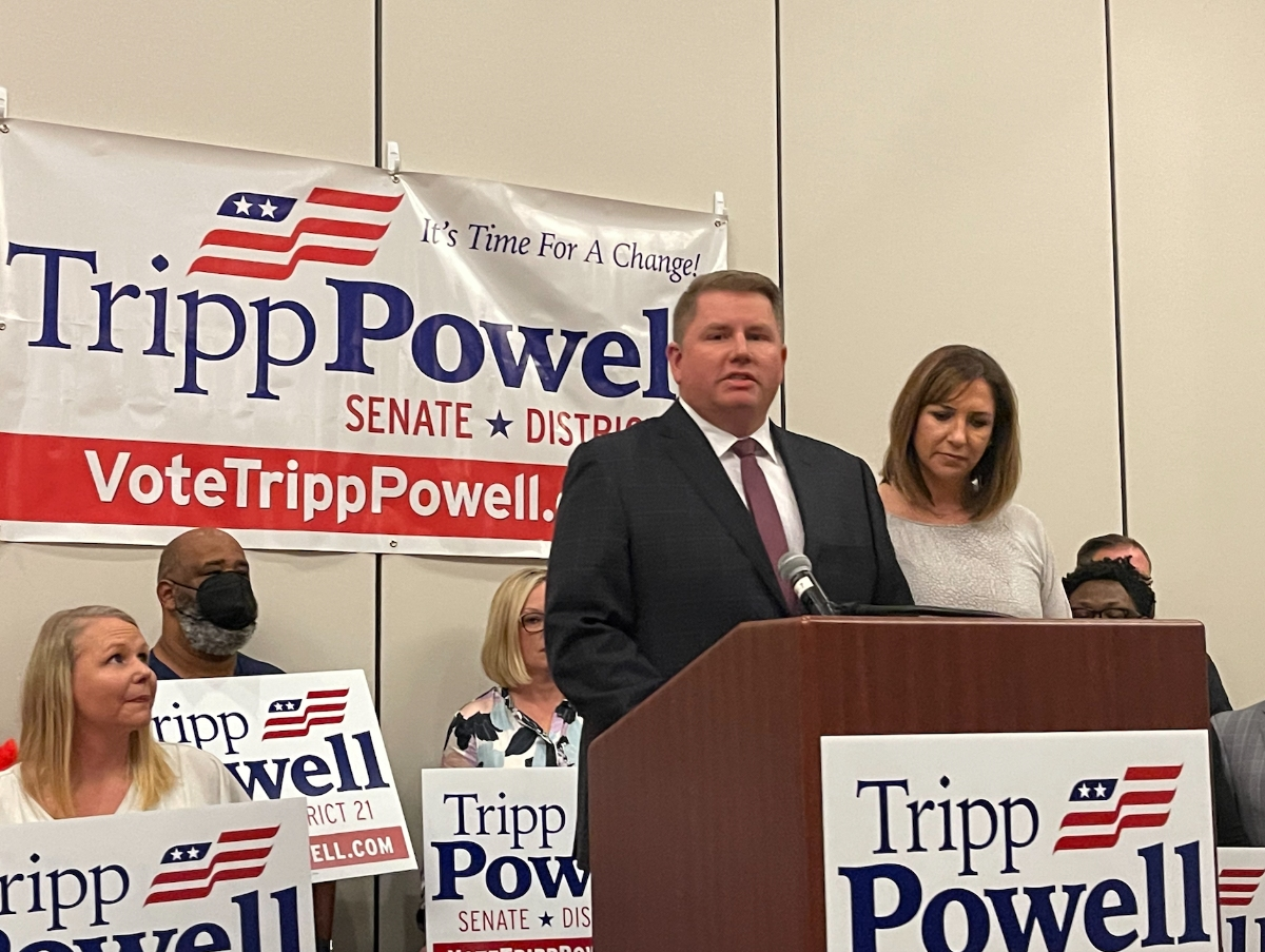 Tripp Powell, joined by his wife, announced he will not seek an independent bid for Senate District 21. 