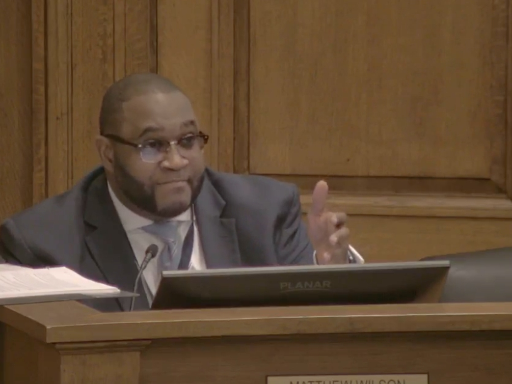 District 1 Councilor Matthew Wilson speaks during Tuesday's City Council meeting. 