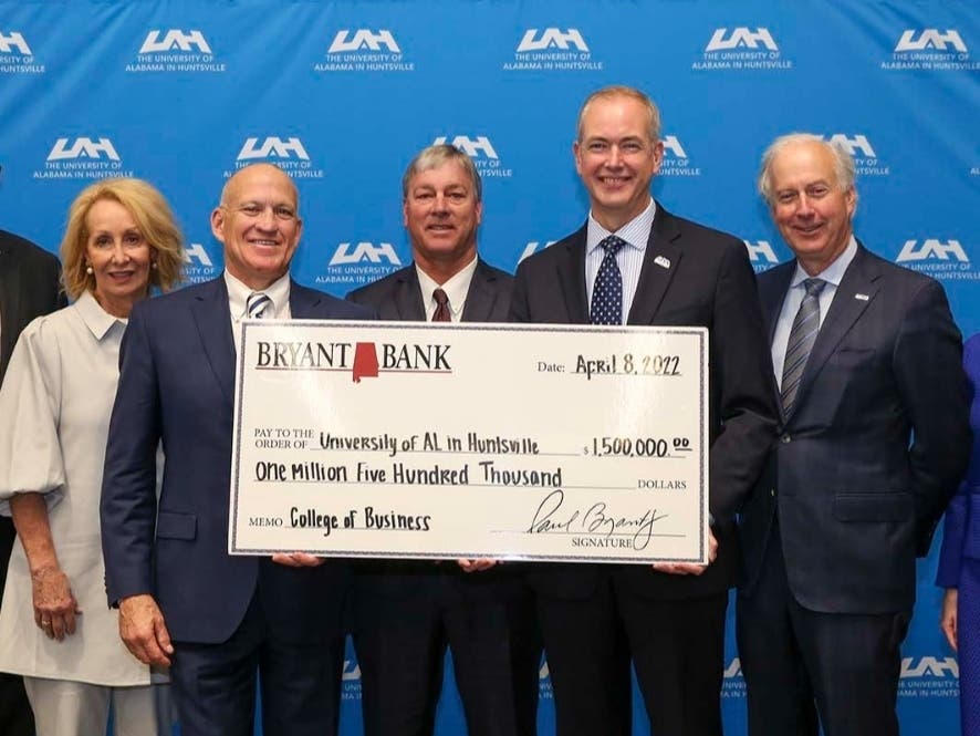 The funds will benefit business students at the university by establishing a non-endowed scholarship fund to the College to be called the Bryant Bank UAH Business Scholarships.