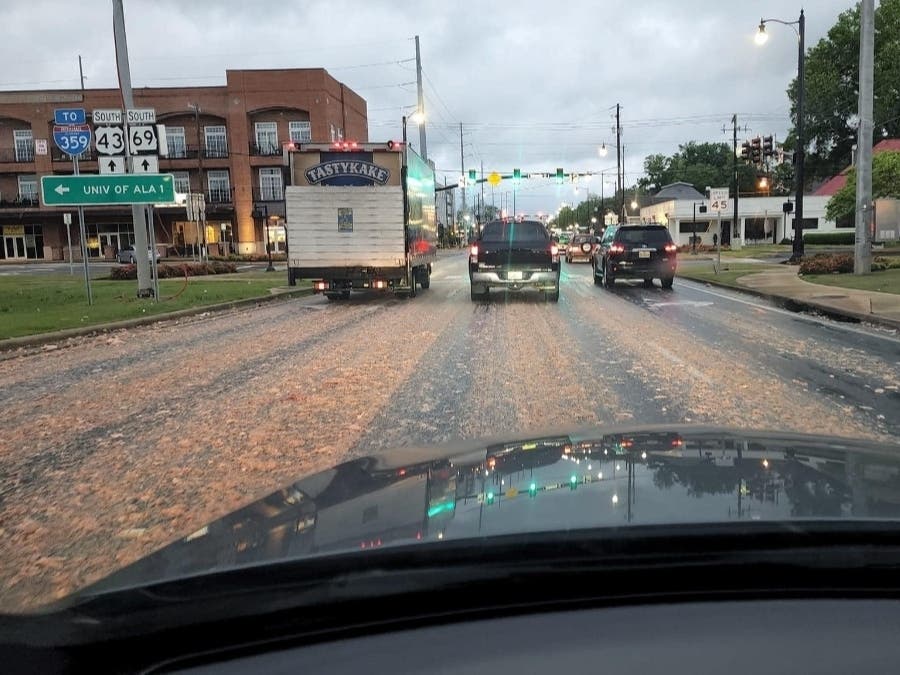 A large quantity of raw chicken parts could be seen in the road in the southbound lane of Lurleen Wallace Boulevard near University Boulevard.