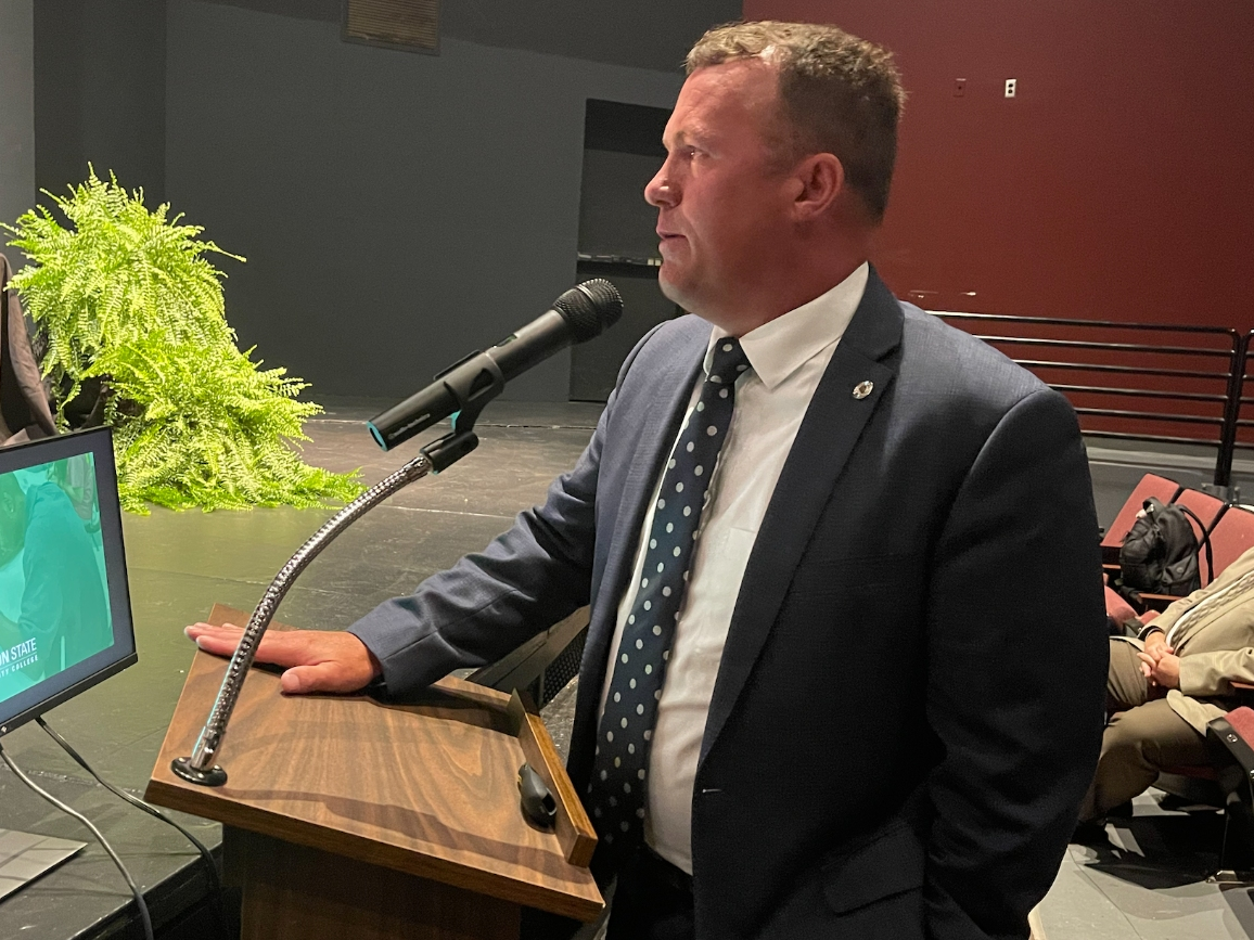 Shelton State Community College President Chris Cox speaking to the board during Wednesday's meeting. 