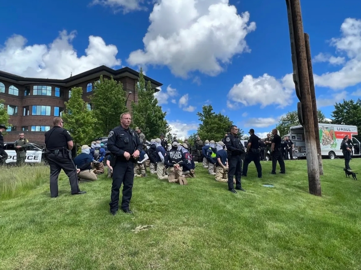 Authorities arrest members of the white supremacist group Patriot Front near an Idaho Pride event on Saturday, after they were found packed into the back of a U-Haul truck with riot gear. 