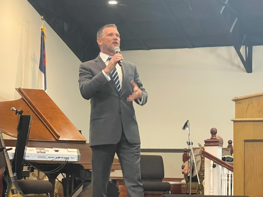 Far-right Tennessee megachurch pastor Greg Locke speaks to a small church in Walker County, Alabama on Friday. 