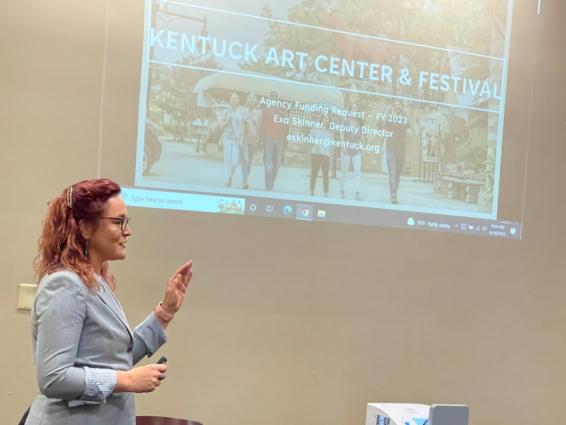 Kentuck Art Center Deputy Director Exa Skinner gives the nonprofit's funding pitch to Northport officials on Thursday. 