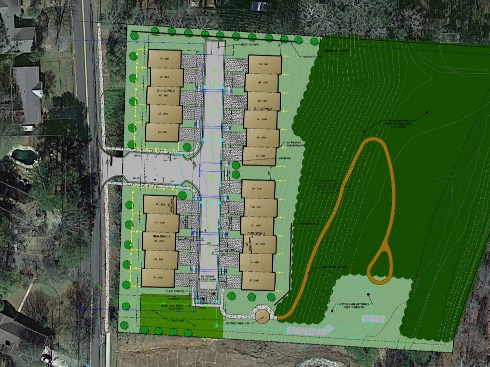 An aerial view of the plans for the proposed townhome development to the left of Hunter Creek Road. 