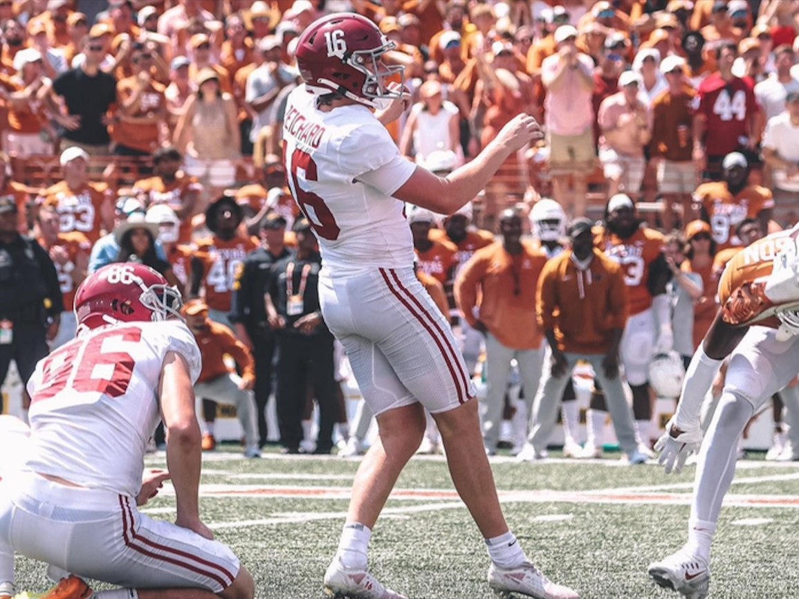 UA kicker Will Reichard hits the game-winning field goal against Texas on Saturday. 