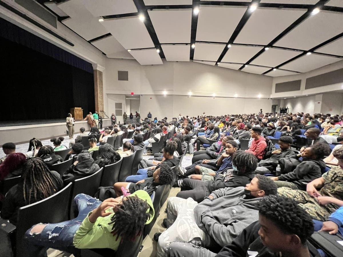 TCS Safety Coordinator A.B. Green speaks to Paul W. Bryant High School students Wednesday 