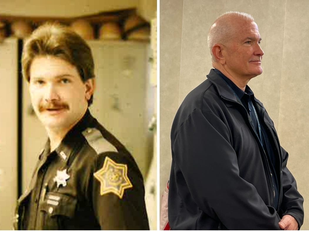 Deputy Byron Waid early in his career (left) and Waid during his final County Commission meeting on Wednesday