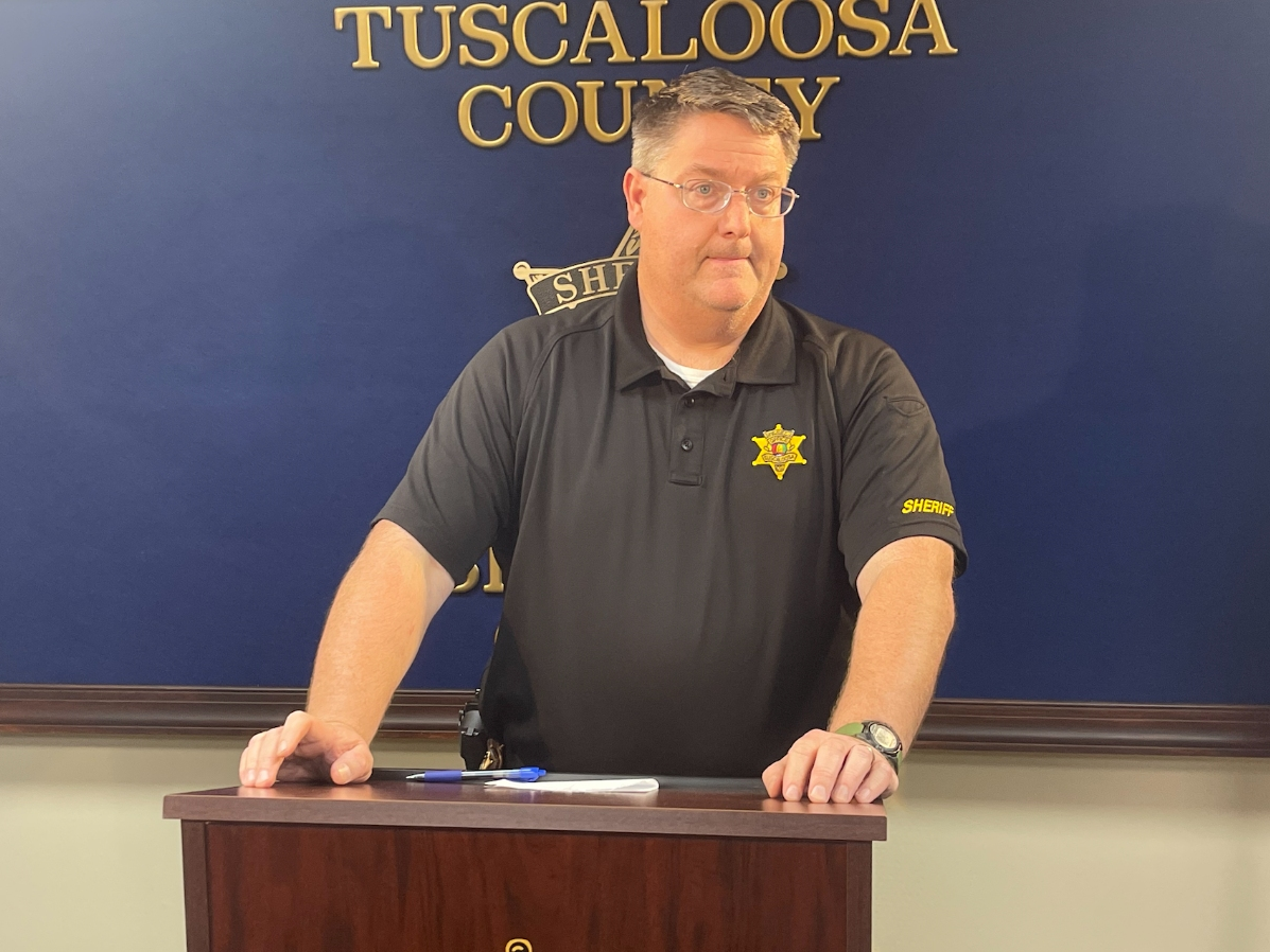 Captain Jack Kennedy of the Tuscaloosa Violent Crimes Unit speaks with media on Sunday