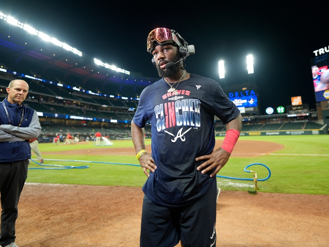 Atlanta Braves center fielder Michael Harris II is interviewed after Game 3 of baseball's National League Wild Card Series between the Atlanta Braves and the Philadelphia Phillies, Thursday, Oct. 1, 2026, in Atlanta. 
