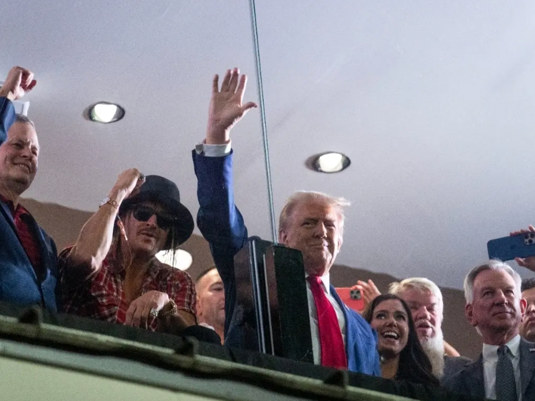 Republican presidential nominee former President Donald Trump waves to the crowd during the Georgia vs. Alabama football game at Bryant-Denny Stadium, Saturday, Sept. 28, 2024