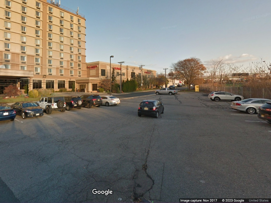 The back parking lot at 20 Meadowlands Parkway where the stolen car was found.