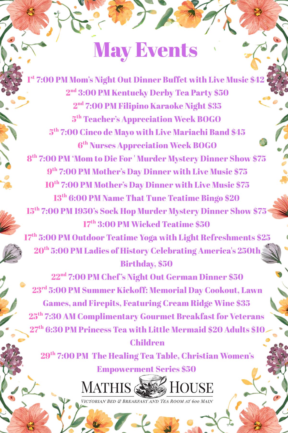 May Events at the Mathis House
