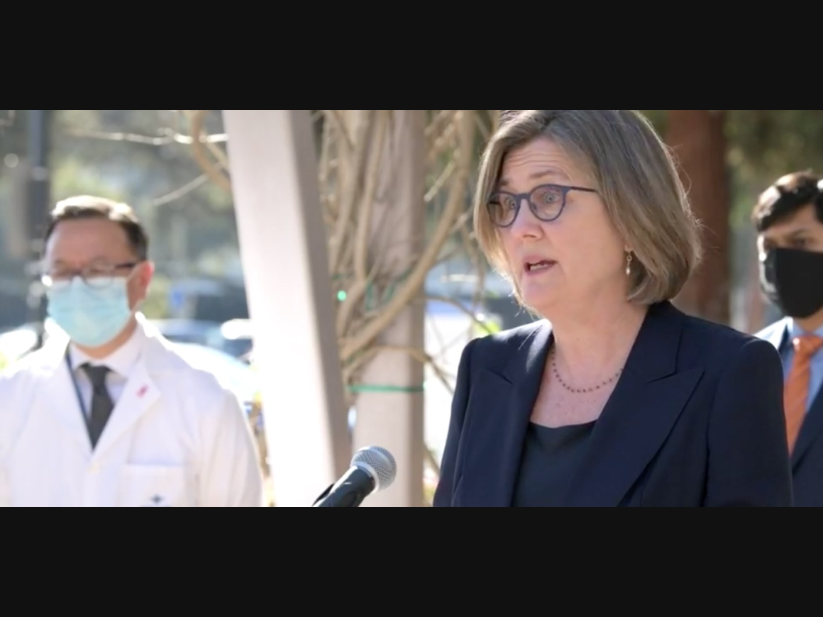 Santa Clara County Health Officer Dr. Sara Cody speaks at a news conference Saturday. 