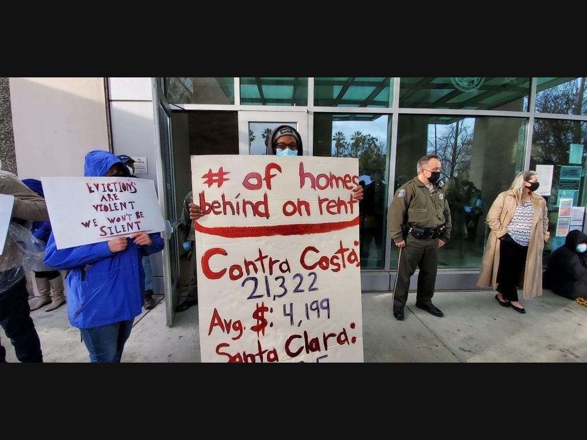 Derrick Sanderlin, a tenant organizer with Sacred Heart Community Service, joined tenants protesting evictions at the Santa Clara County Superior Court on Jan. 27. 