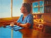 "Eva Having Tea" Oil Painting 24 x 30" to hang in exhibit. Escalera's beloved neighbor captured in 2017