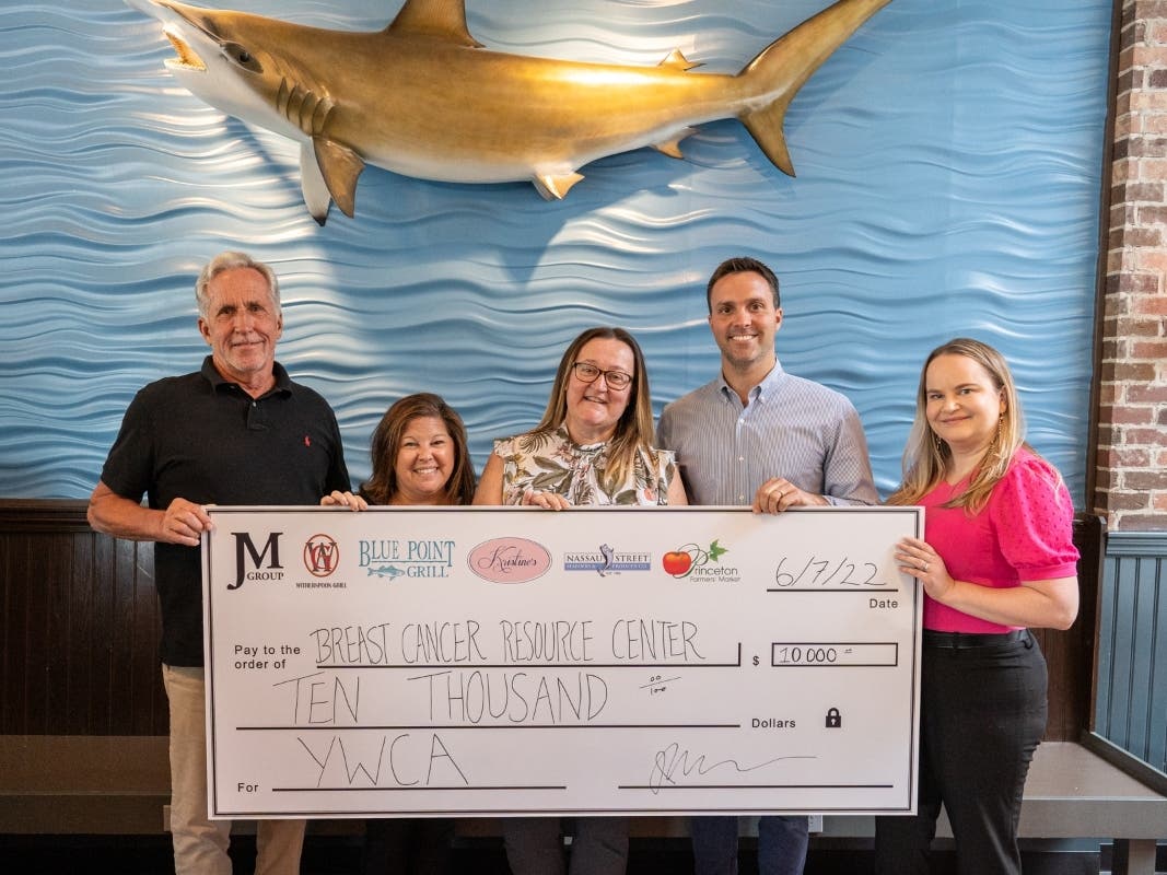 Jack Morrison, President, JM Group; Michele Schwartz from Breast Cancer Resource Center; Melissa White-McMahon from BCRC; Jess Morrison, VP, JM Group;  Sam Eidsvaag from Blue Point Grill