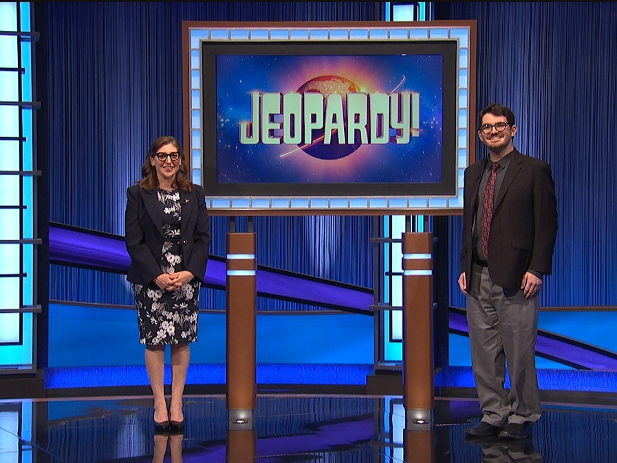 Ben Coller (right) with host Mayim Bialik.
