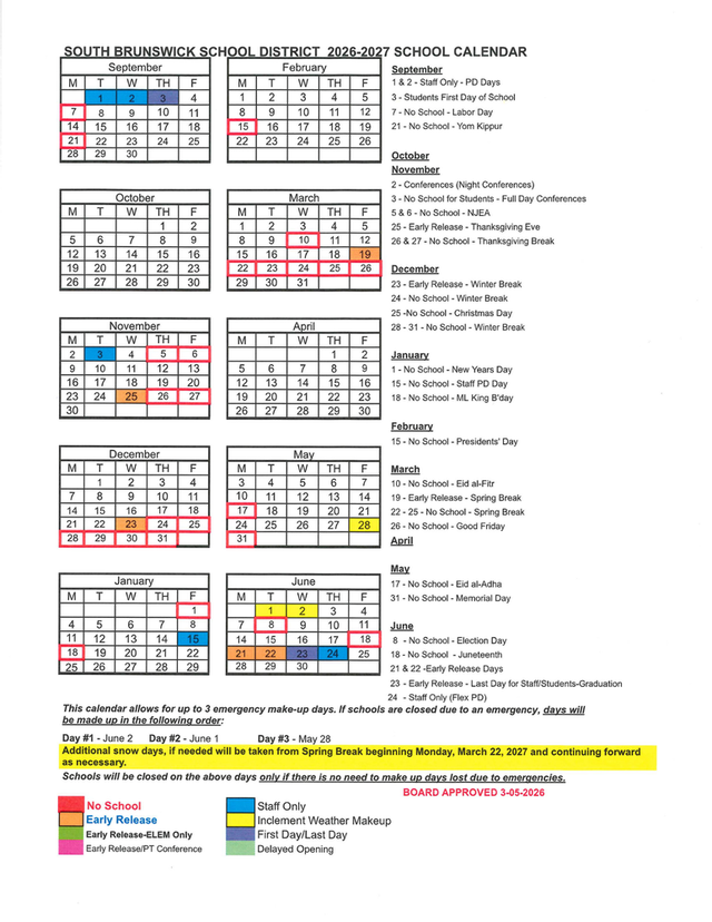 South Brunswick School District 2026-27 Calendar: First Day, Breaks