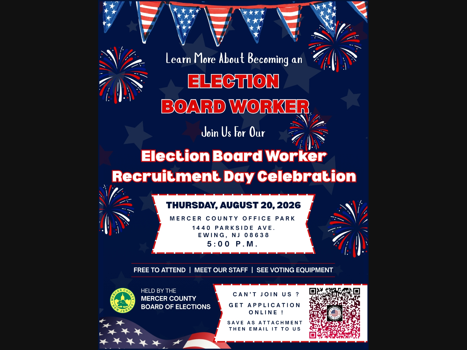 The event will be held at 5 p.m. at Mercer County Office Park in Ewing