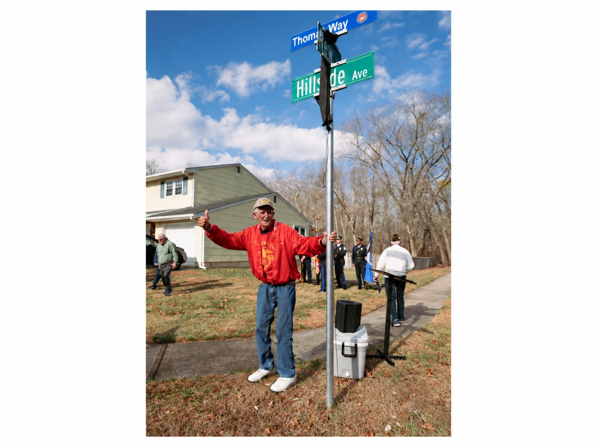 Buddy Thomas posing with the Thomas Way Sign in 2024