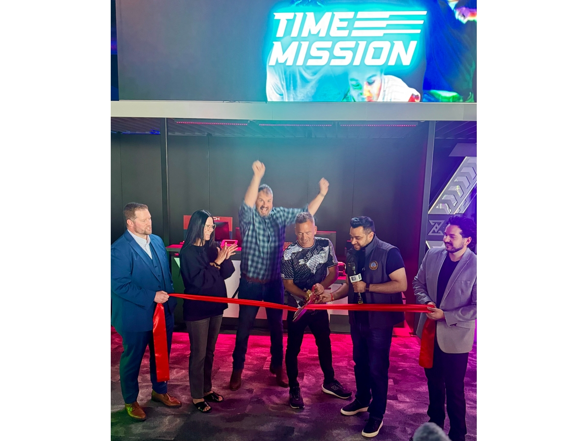 Cody Browning, COO, Supercharged Entertainment; Sandra Sangermano, CEO; Pieter Martens, Time Mission Founder; Steve Sangermano, President, Supercharged; Edison Mayor Sam Joshi, Michael Dawson, Regional Director of Operations