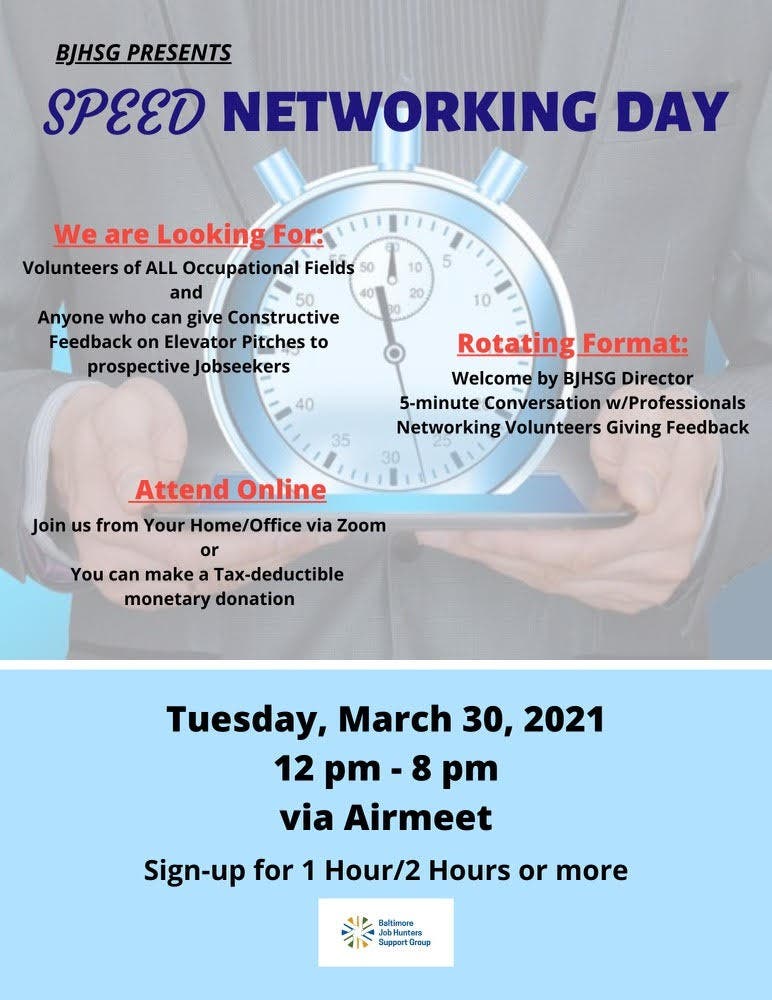 Mar 30 Speed Networking Event Volunteer Interviewers Needed Hunt Valley MD Patch