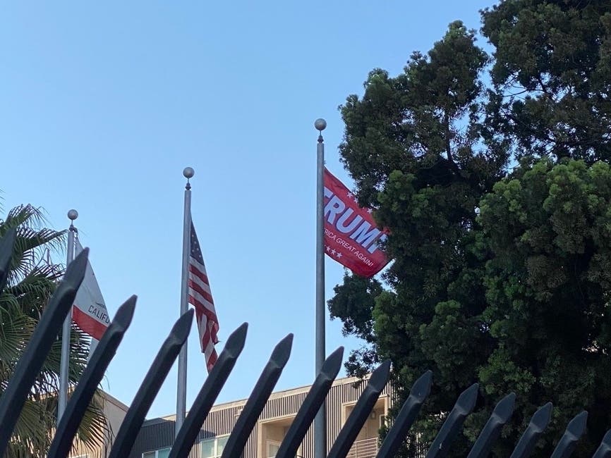 Ian Thomas Malone tweeted a photo of the "Trump" flag that briefly flew at Long Beach Police Headquarters Saturday, Oct. 3. 