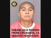 Fabian Cruz Roman — 22 years old, Hispanic male adult, 5 foot 6”, 145 pounds, Black Hair, Brown Eyes, from Los Banos, Ca – Current Charges – murder.
