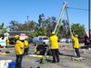 A rescue crew from the San Diego Humane Society was able to hoist a Fresian to her feet after an accident in a trailer on the freeway in Escondido. 
